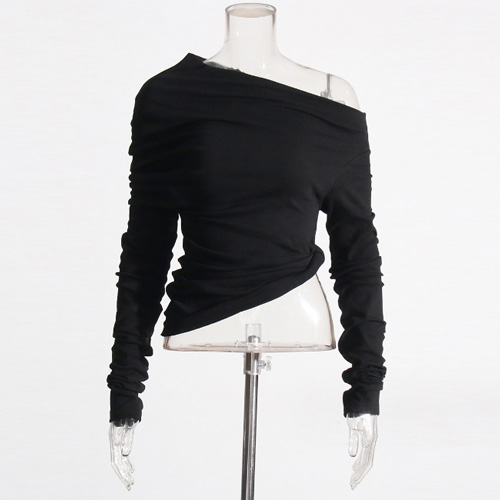 1 Custom Pleated Slant Neck Slim Fit T-Shirt