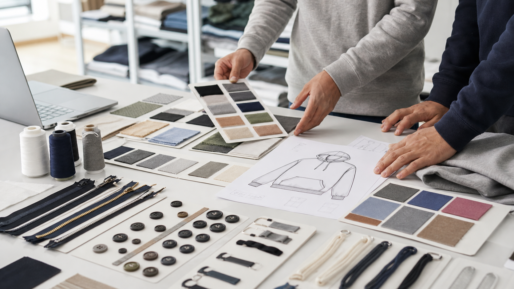 Apparel bill of materials review with fabric swatches, trims, thread, buttons, zippers, and garment sketch in a clothing sample room