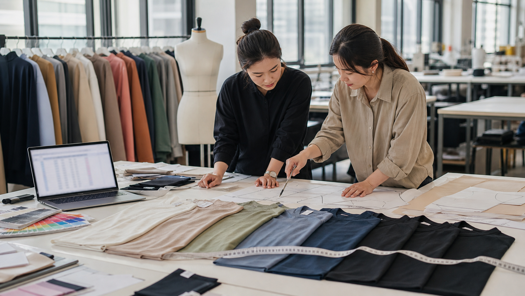 Apparel technicians reviewing graded size samples and garment measurements for custom clothing production