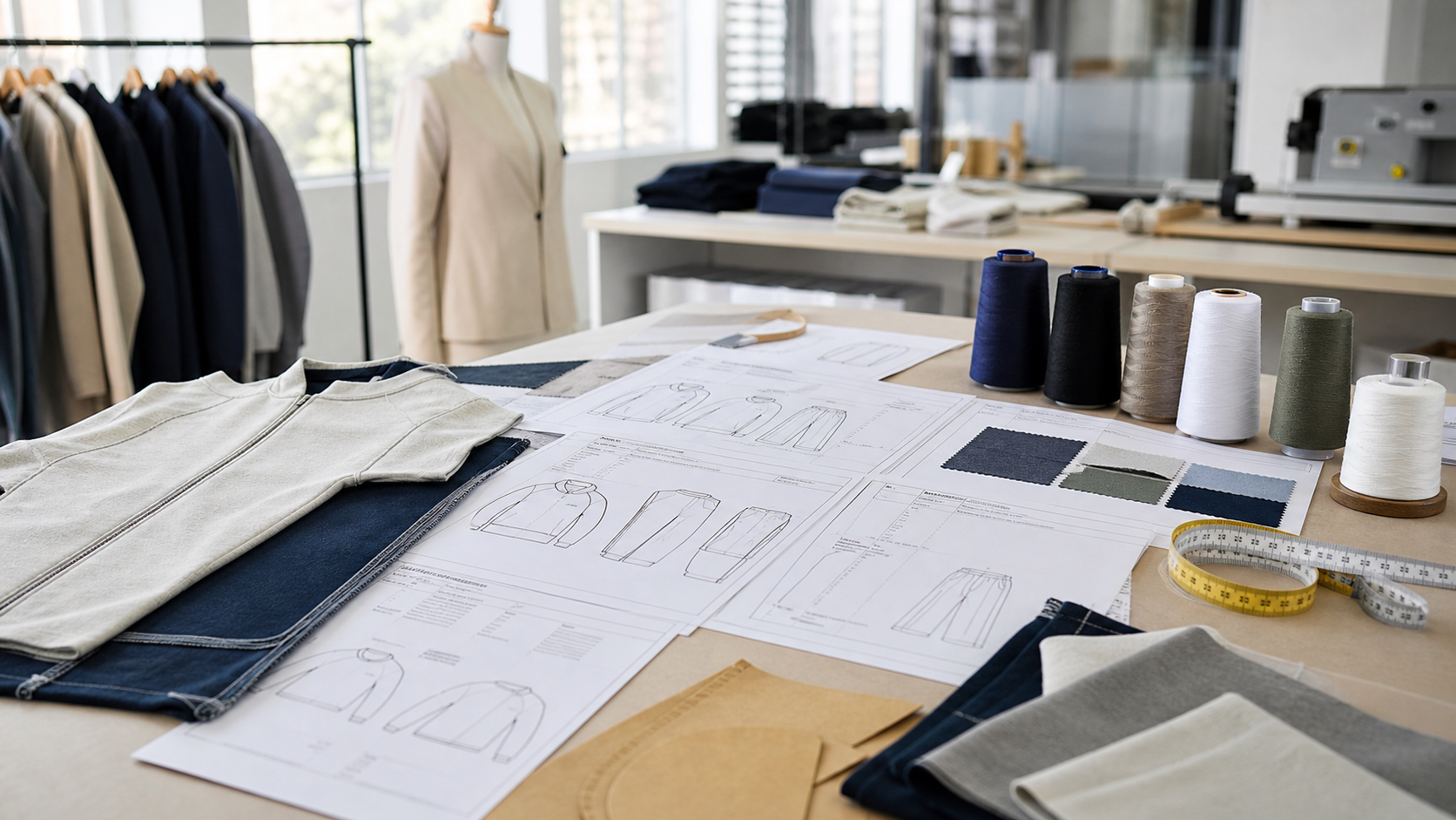 Apparel tech pack and garment development materials on a production table