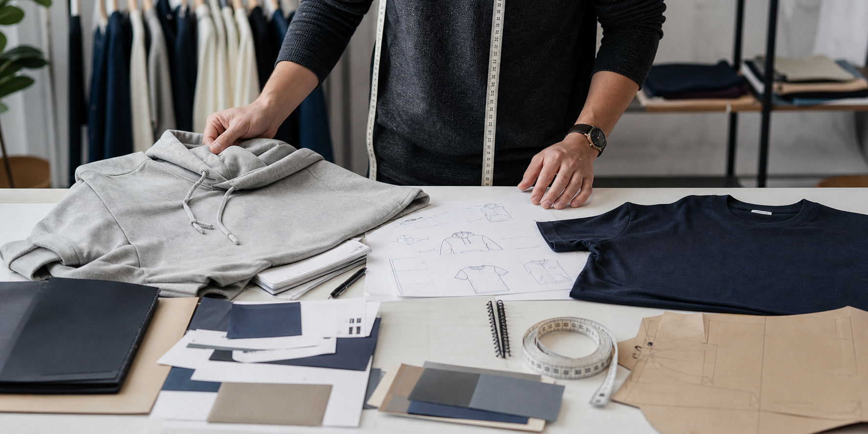 Clothing sample development workspace for a startup fashion brand