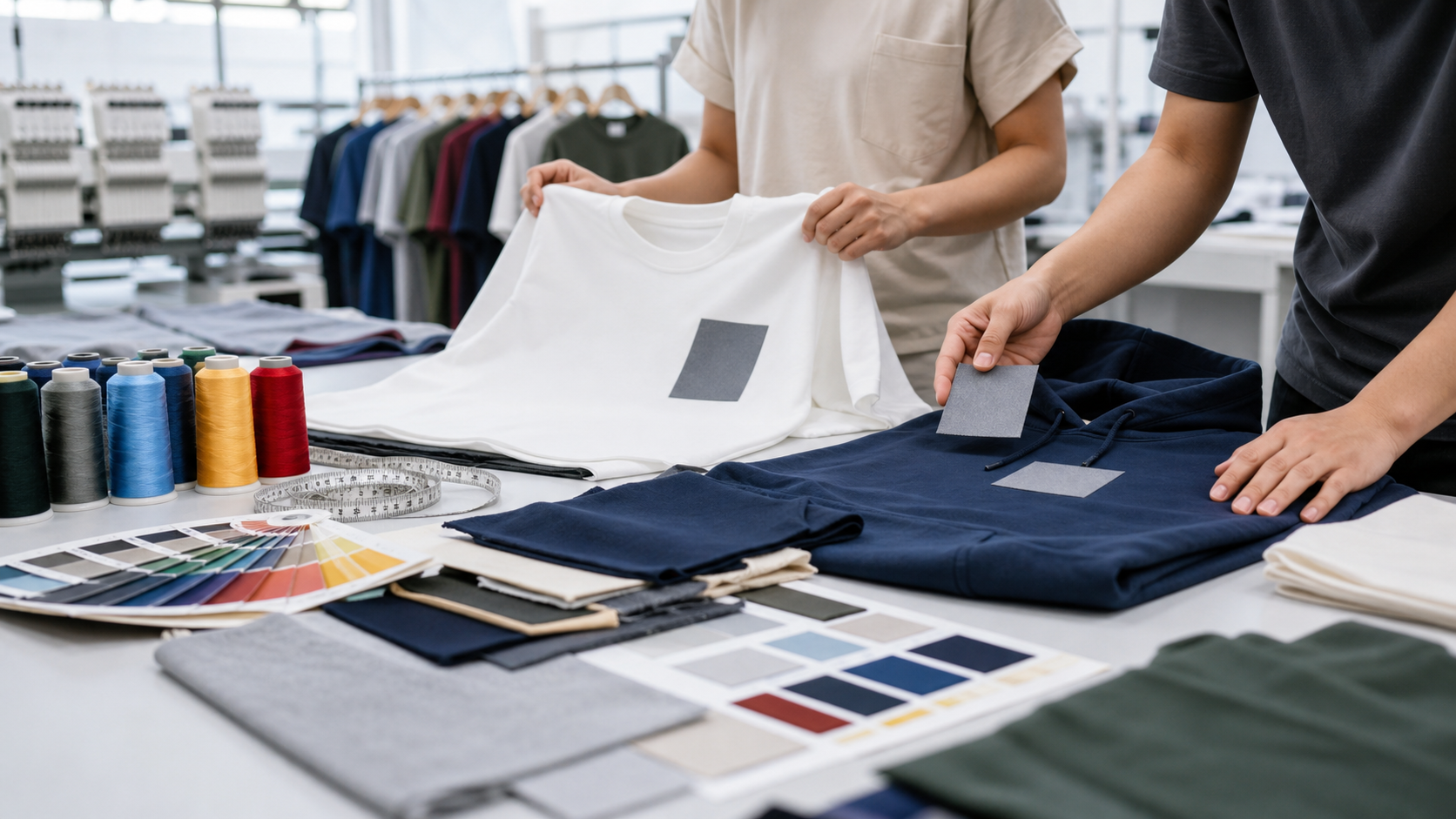 Apparel production team reviewing print and embroidery artwork files on blank garments