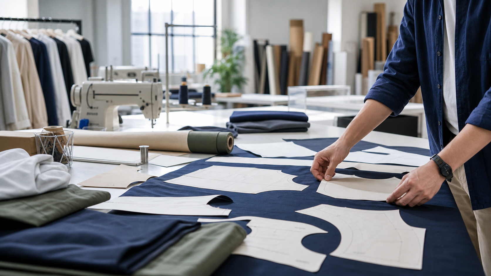 Cut and sew clothing manufacturing workspace with fabric panels and sewing equipment