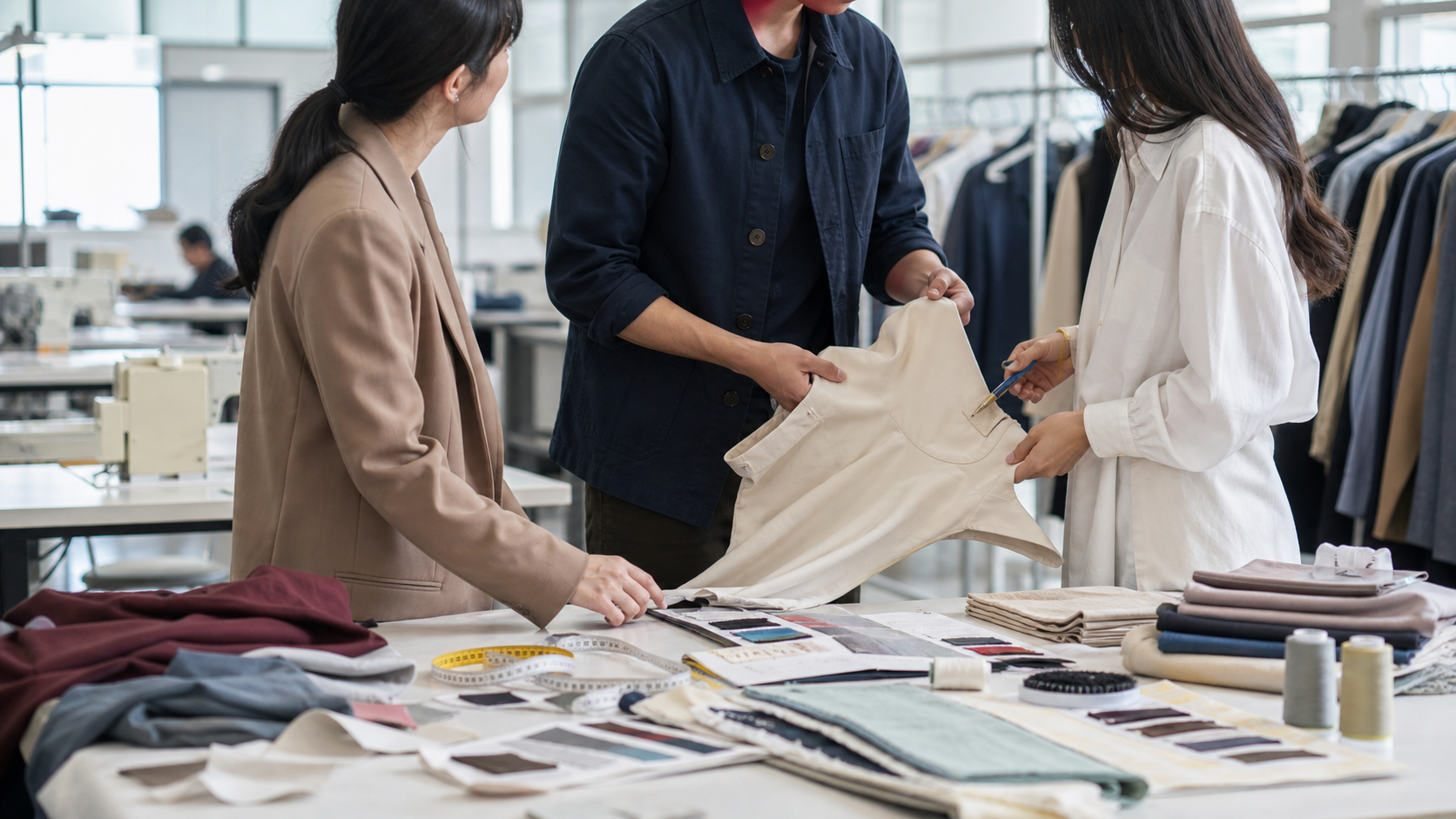 Apparel sourcing team reviewing garment samples and fabric swatches in a clothing factory sample room