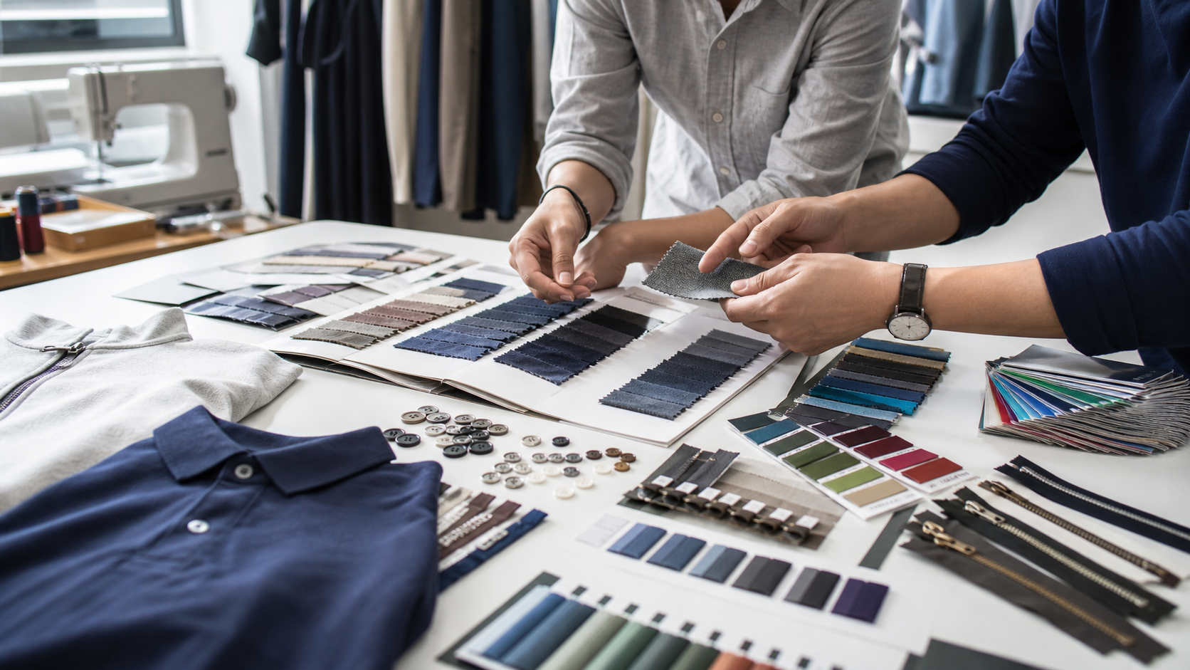 Apparel production specialists reviewing fabric swatches, color cards, trims, and sample garments before bulk clothing production