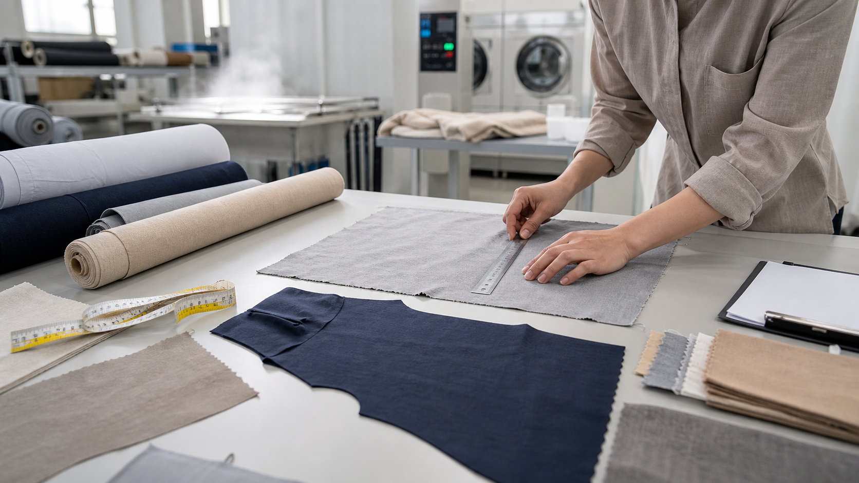 Apparel technician measuring fabric swatches for shrinkage control in clothing production