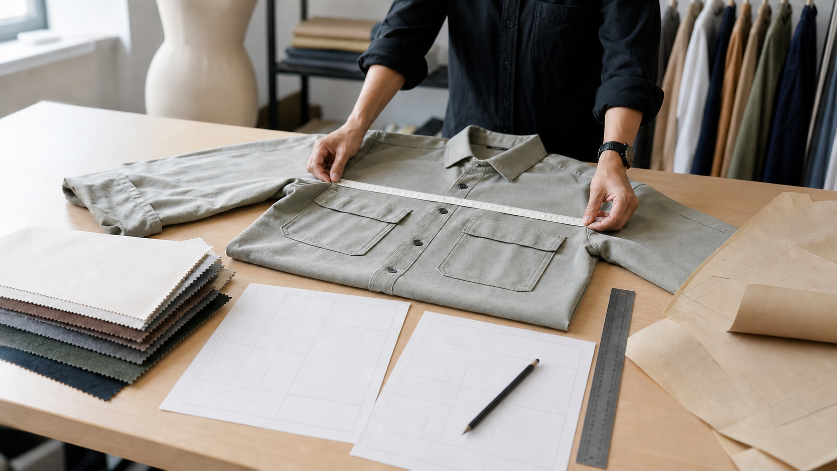 Sample shirt measured with blank spec sheets, fabric swatches, and pattern paper for custom clothing measurement review