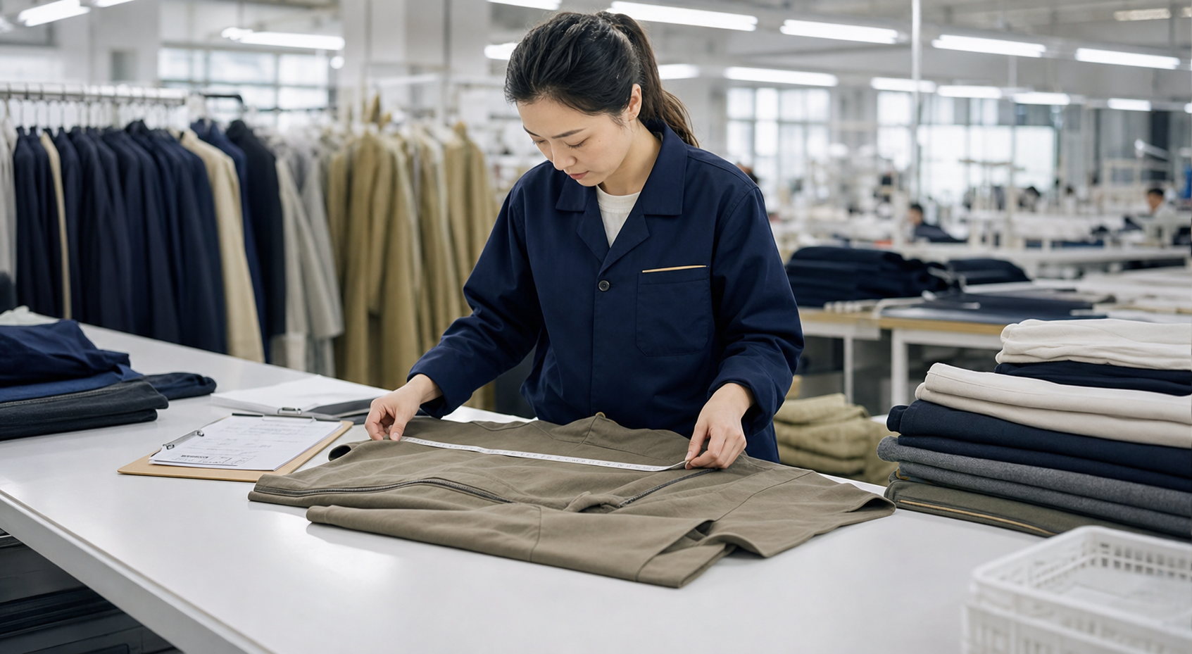 Garment quality inspector measuring finished apparel in a clothing factory