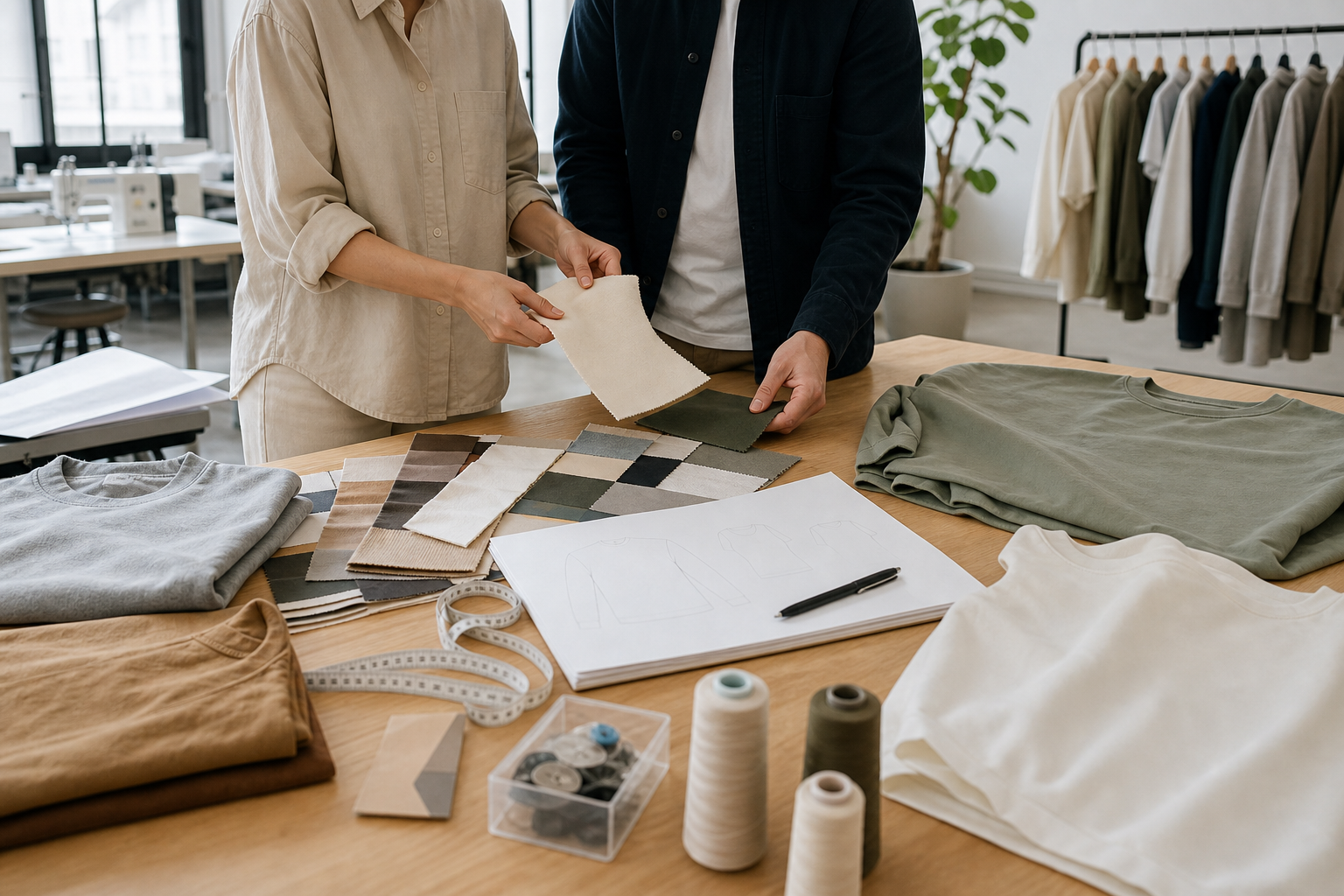 Apparel production professionals planning a low-MOQ clothing collection with fabric swatches and garment samples