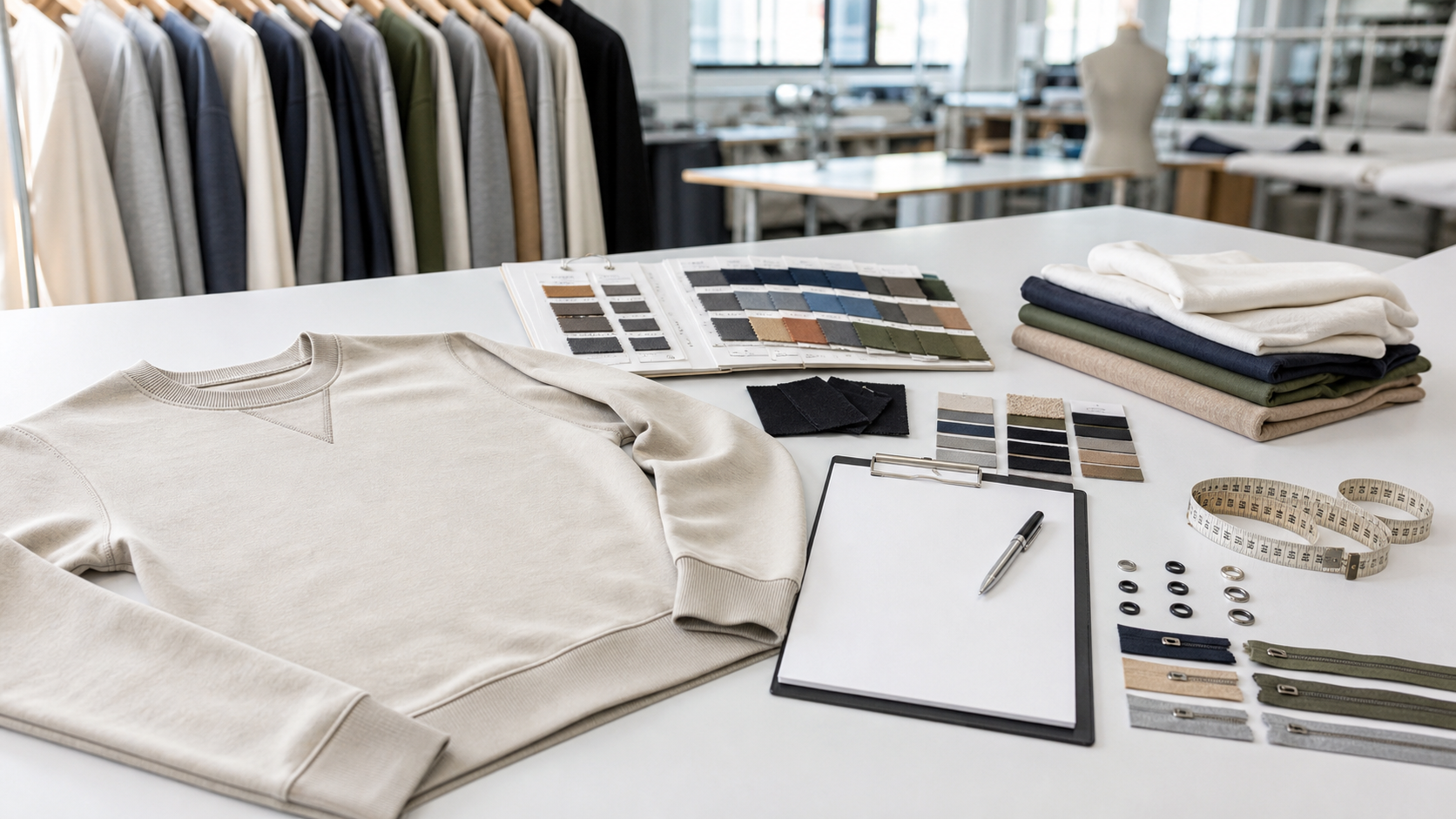 Approved garment sample, fabric swatches, trims, measuring tape, and blank checklist prepared for apparel pre-production review