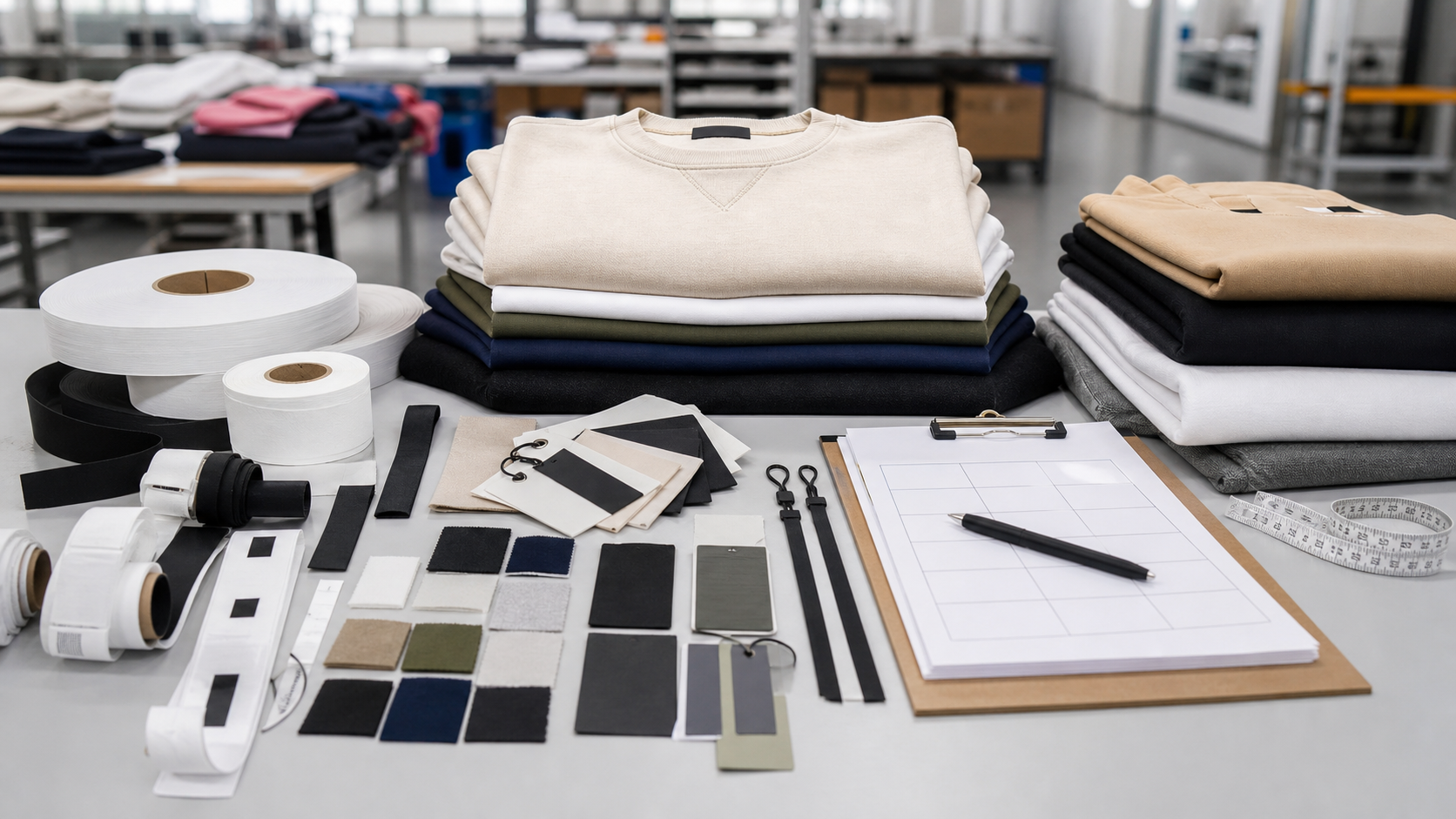 Private label clothing labels, hangtags, fabric swatches, and folded garments prepared for apparel production approval
