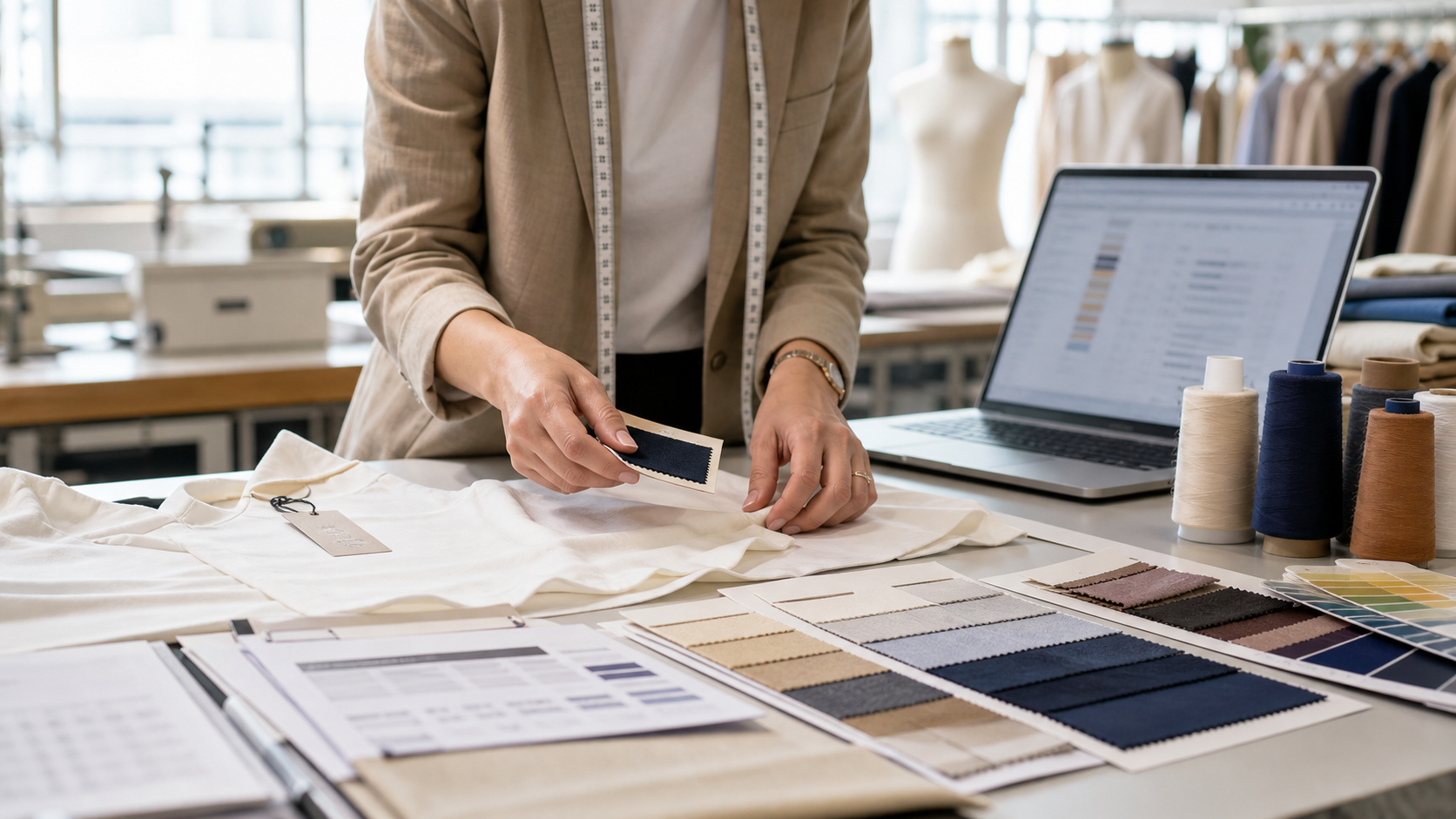 Apparel costing sheet planning with fabric swatches, garment sample, thread cones, and production documents in a clothing sample room