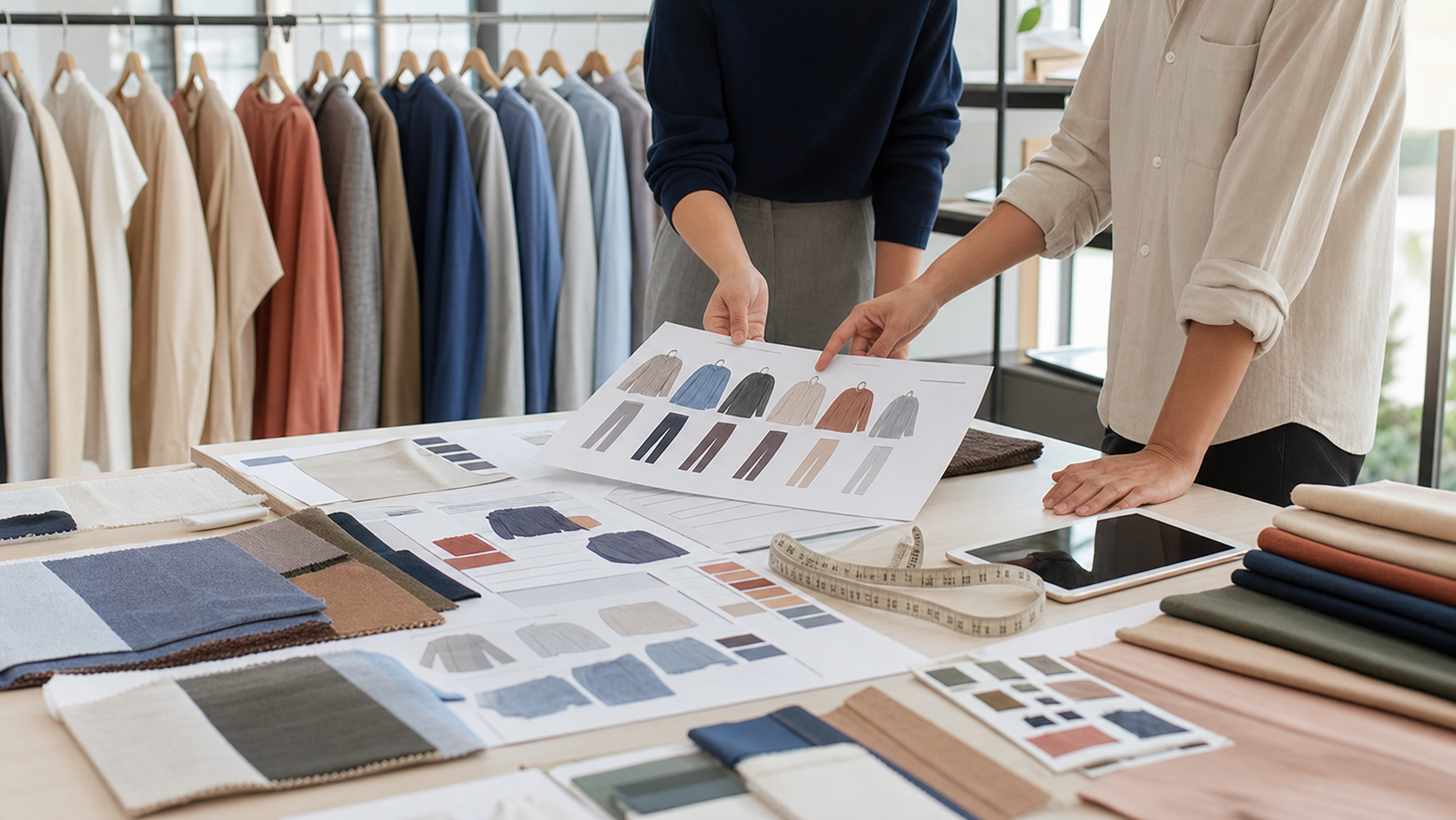 Apparel production team reviewing a line sheet, fabric swatches, and garment samples for custom clothing manufacturing