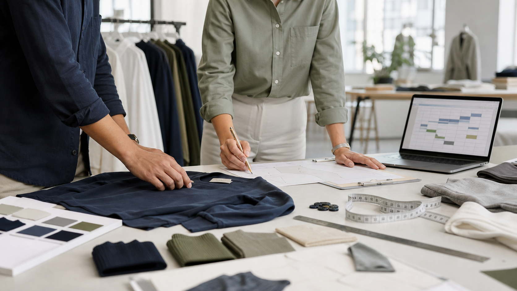 Apparel production team planning a custom clothing order timeline with garment samples, fabric swatches, and pattern papers