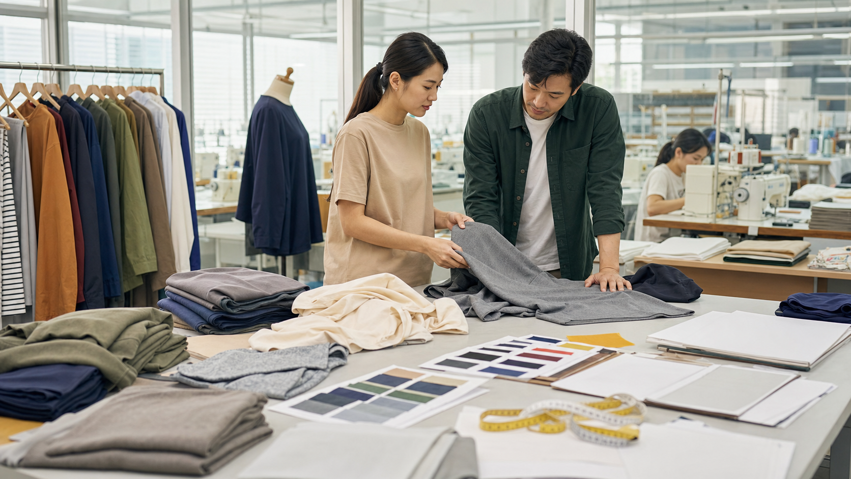 Apparel production team reviewing garment samples and purchase order planning materials in a clothing workshop