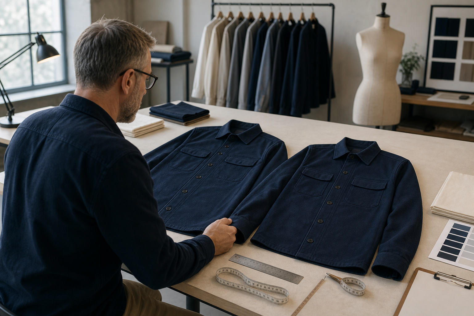 Apparel production manager comparing matching navy overshirts to maintain consistency for a repeat clothing order.