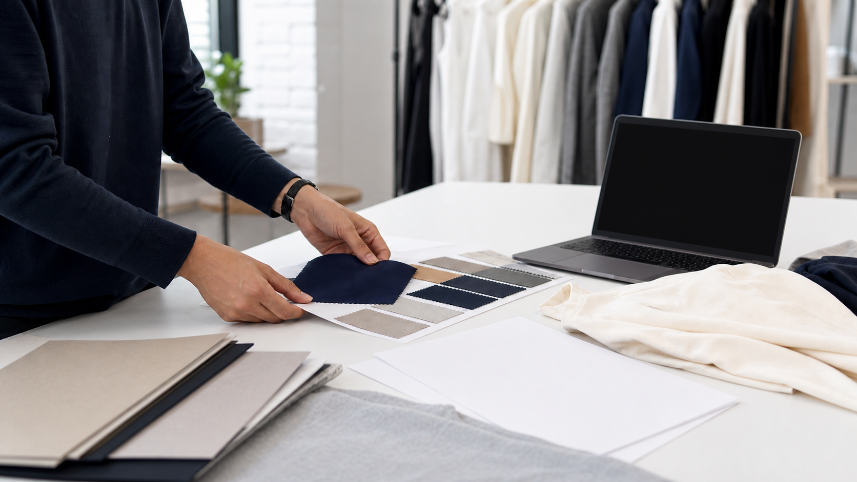Fashion product developer arranging fabric swatches and blank garment samples for a clothing manufacturer inquiry brief