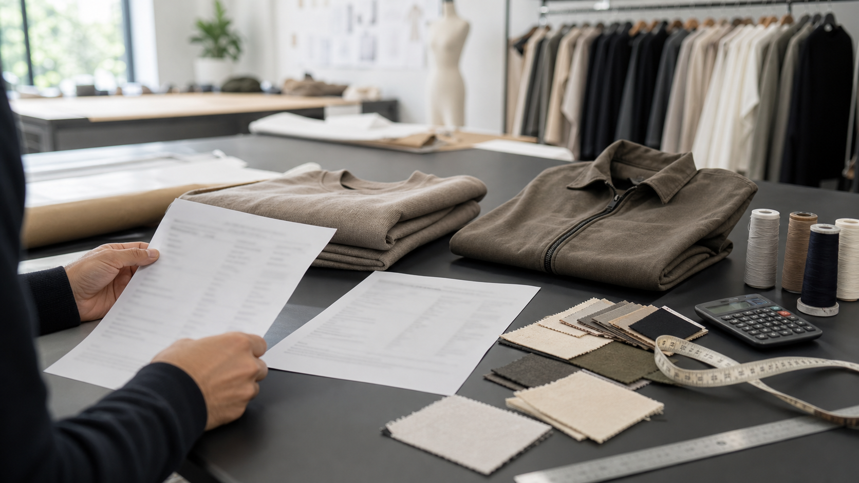 Buyer comparing custom clothing manufacturer quotes with garment samples and fabric swatches.