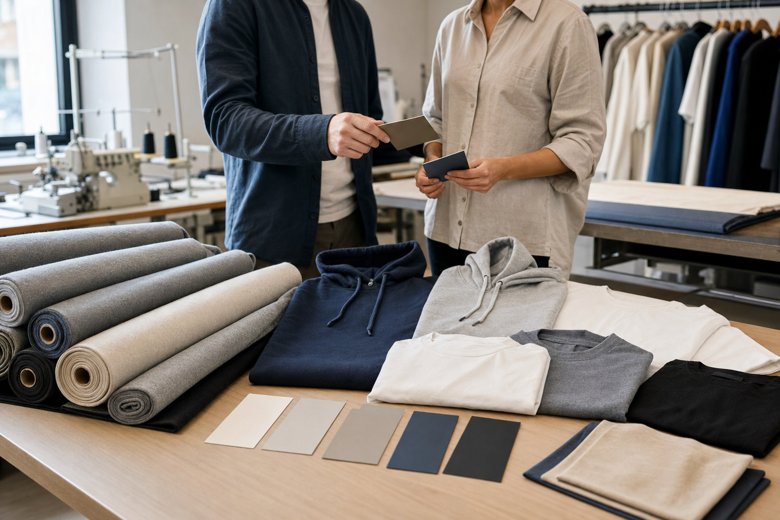 Fabric rolls and unbranded garment samples reviewed for apparel MOQ planning