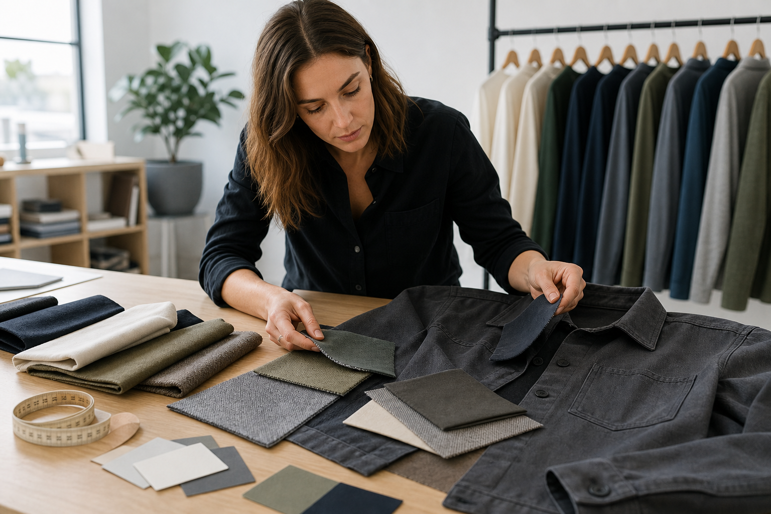Apparel product developer comparing fabric swatches with a charcoal overshirt sample before approving a material substitution.