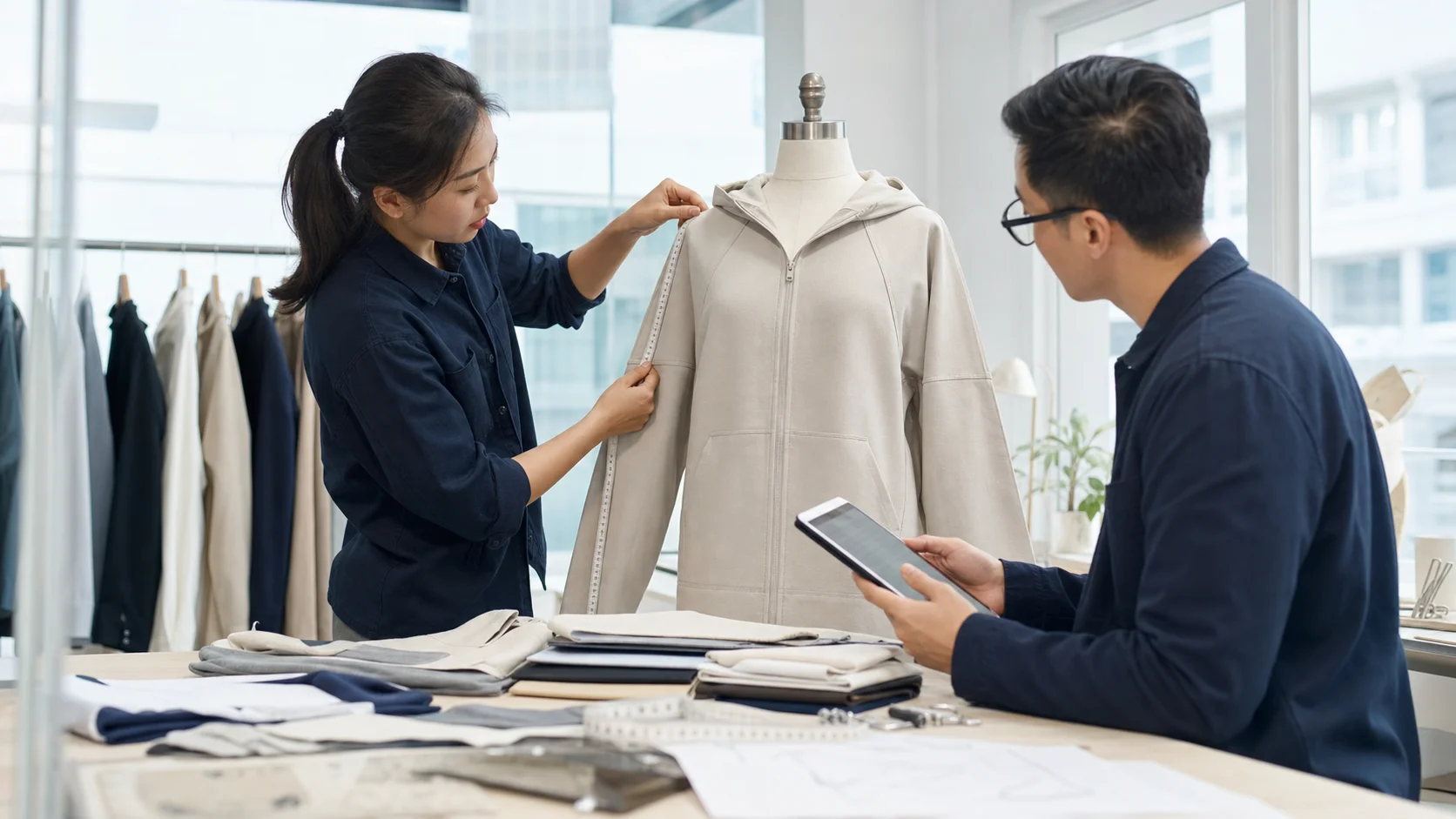 Apparel professionals reviewing a fit sample hoodie with measuring tape in a garment studio