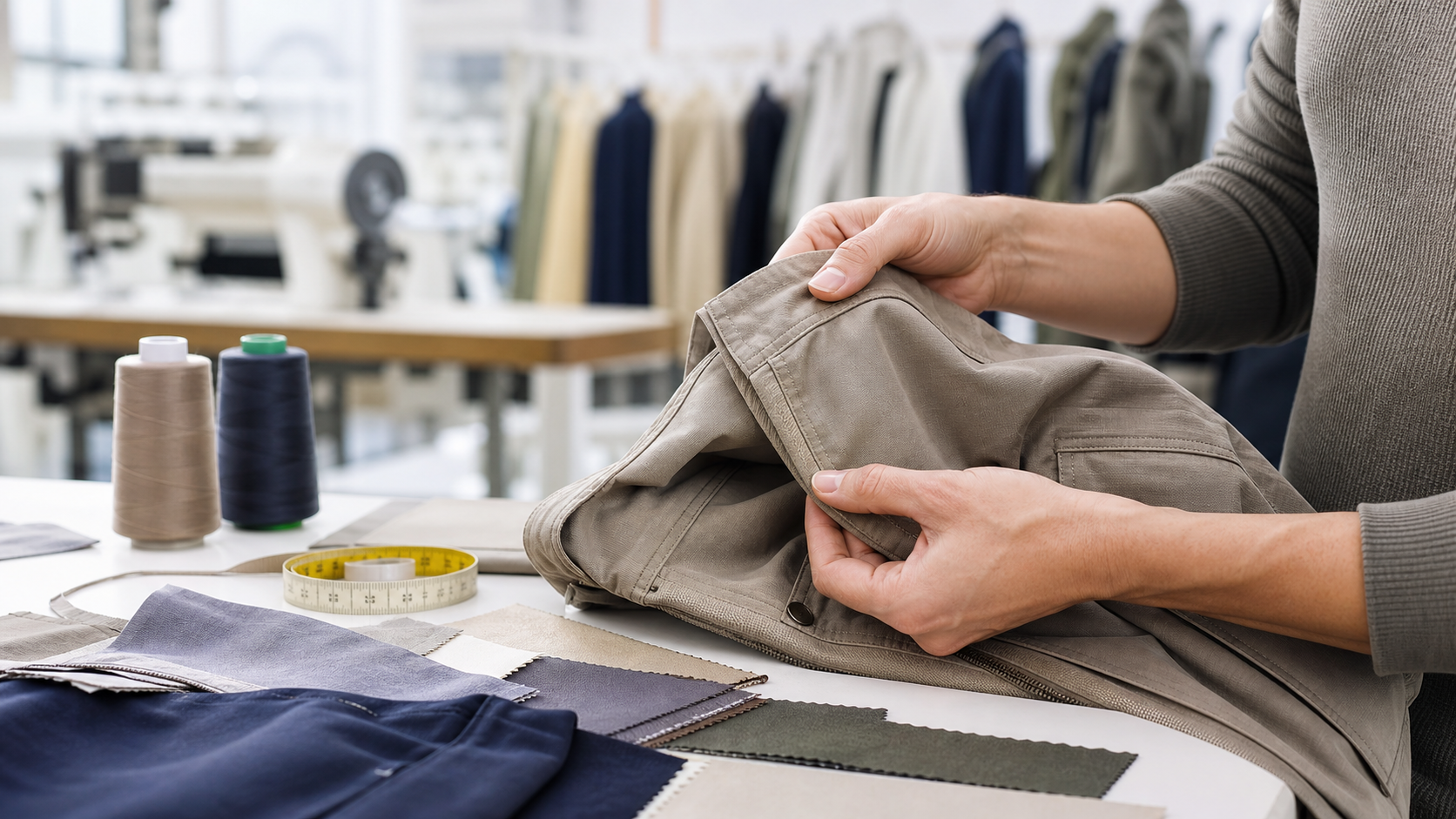 Apparel professional inspecting stitching and garment construction details in a clothing sample room.