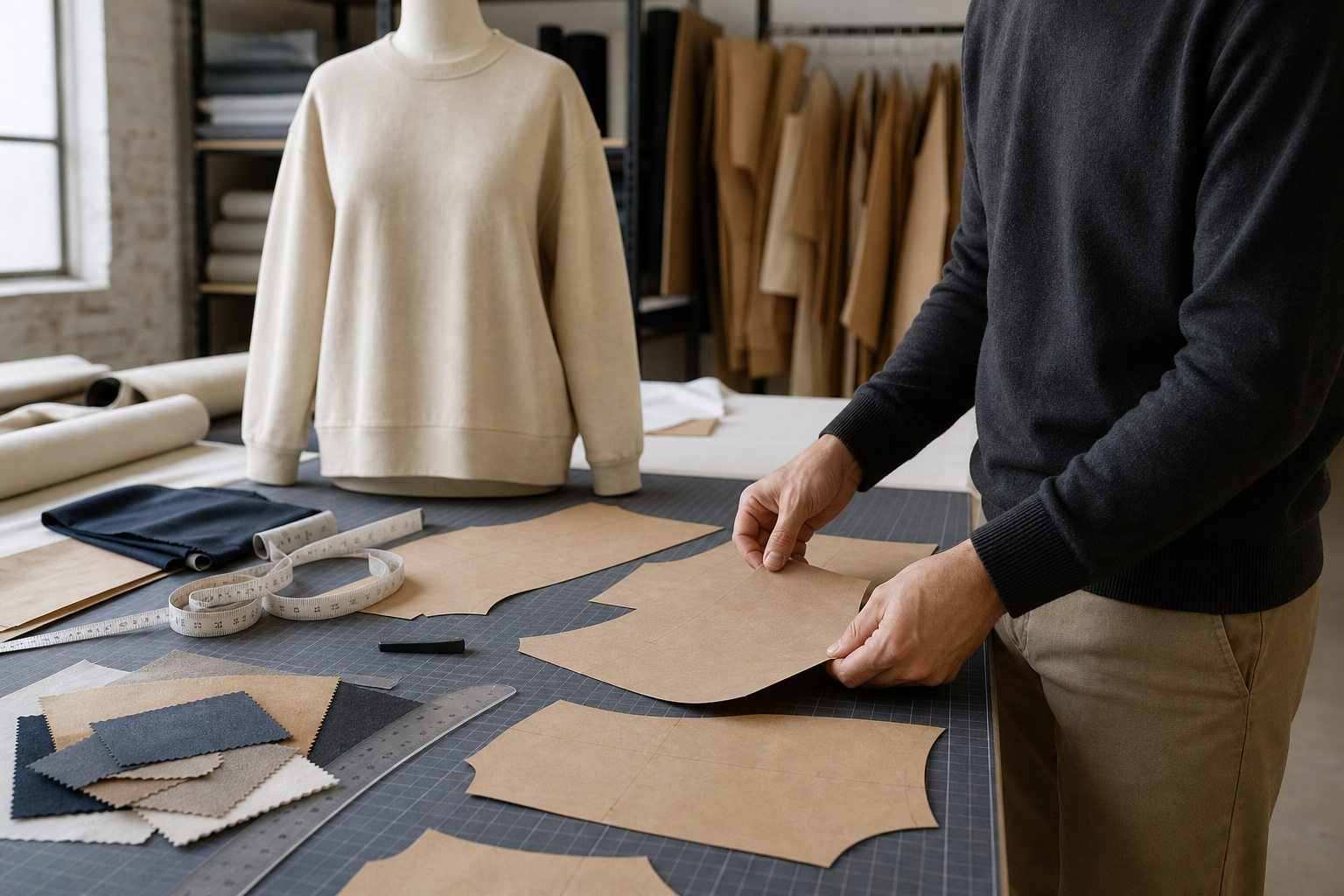 Pattern maker reviewing paper garment pieces and an unbranded sweatshirt sample in an apparel studio.