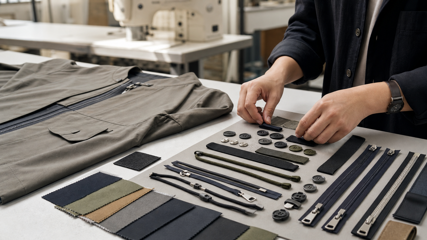 Garment trims including zippers buttons elastics and cords arranged beside a custom jacket in an apparel sampling studio