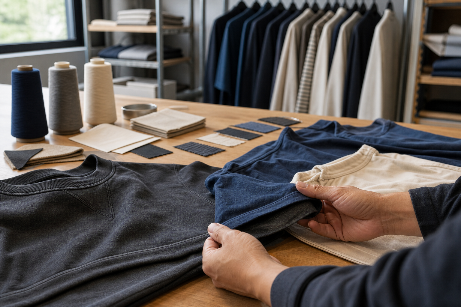 Technician reviewing garment wash and finish samples in an apparel development studio.