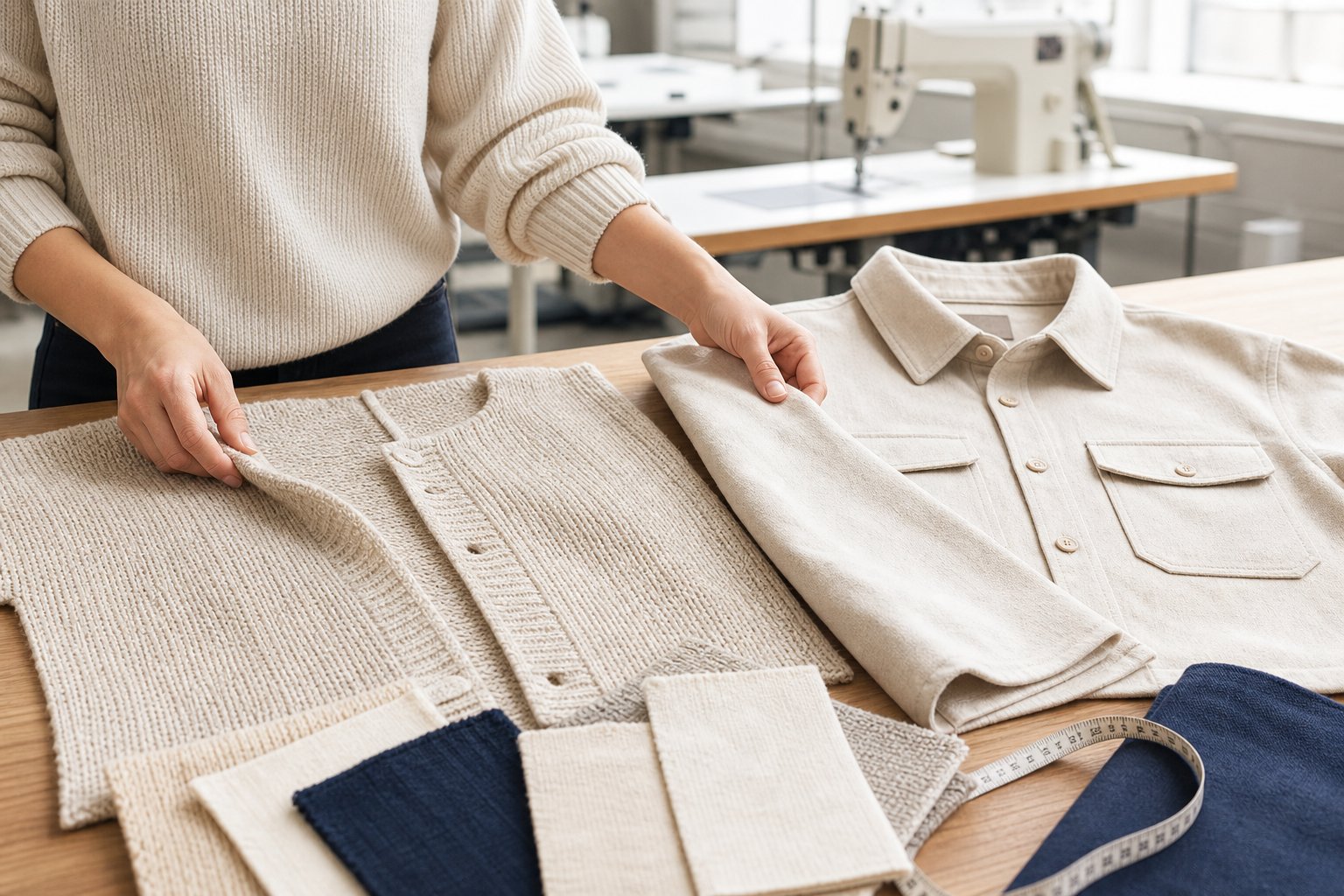 Knitwear and woven apparel samples reviewed in a garment development studio