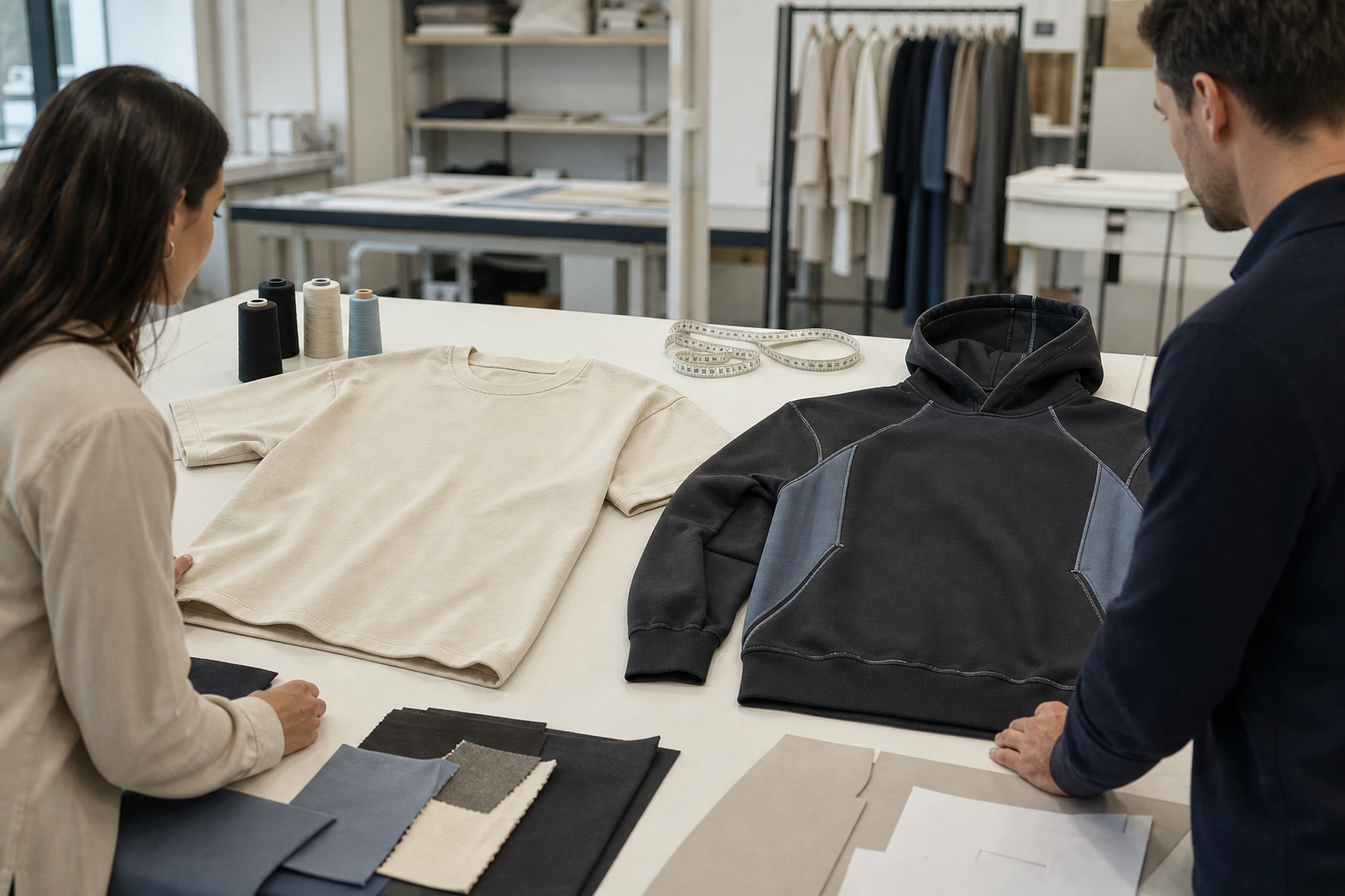 Private label and custom clothing samples reviewed in an apparel development studio
