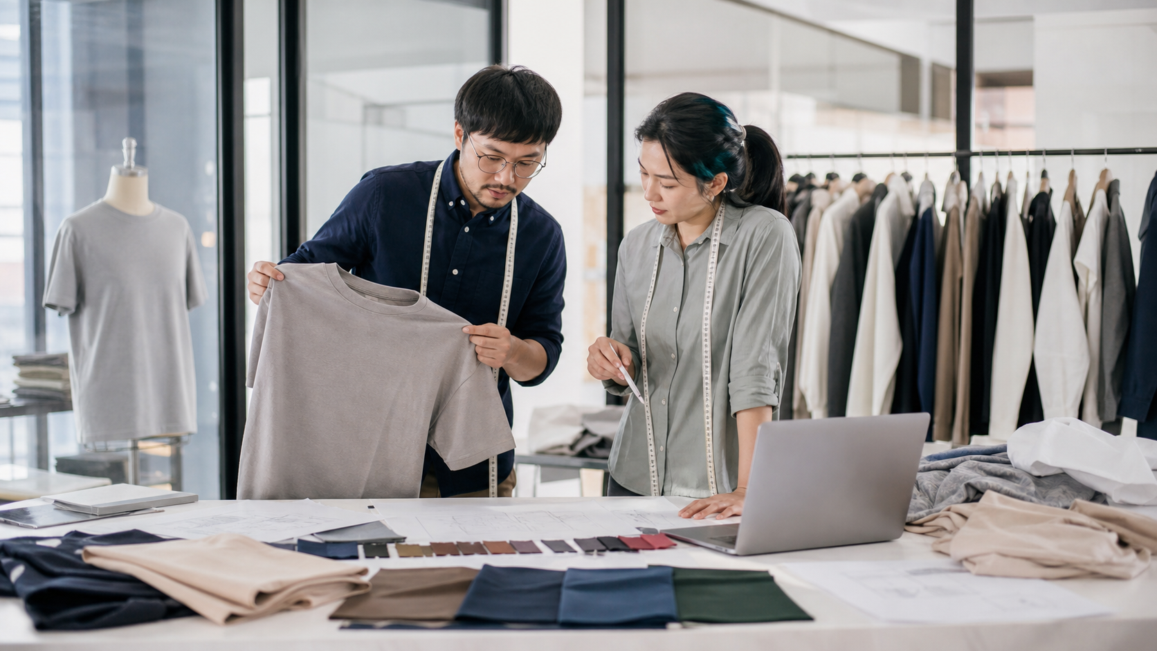 Apparel production team reviewing a sample garment to reduce sampling rounds in custom clothing manufacturing