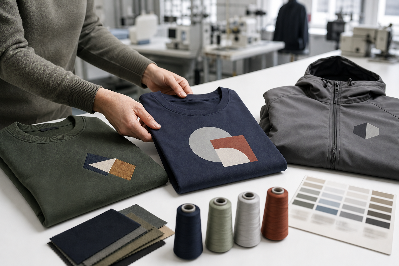 Custom apparel samples showing embroidery, screen printing, and heat transfer decoration methods.
