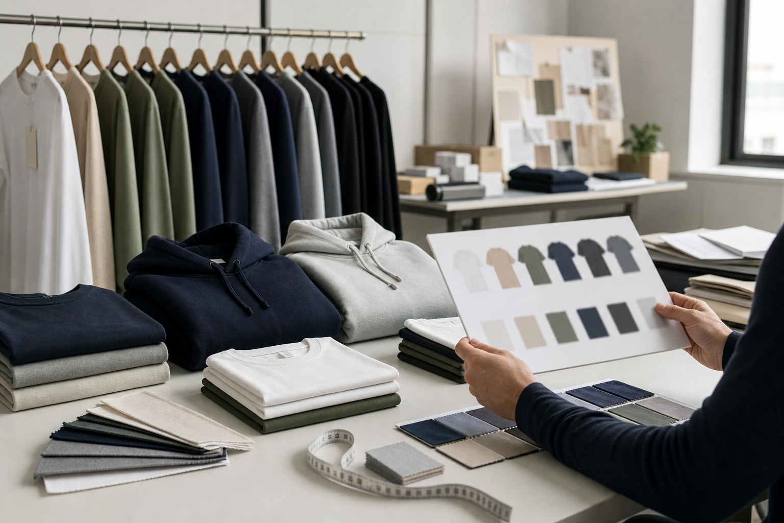 Unbranded apparel samples and fabric swatches used to plan a first clothing production order size and color assortment.