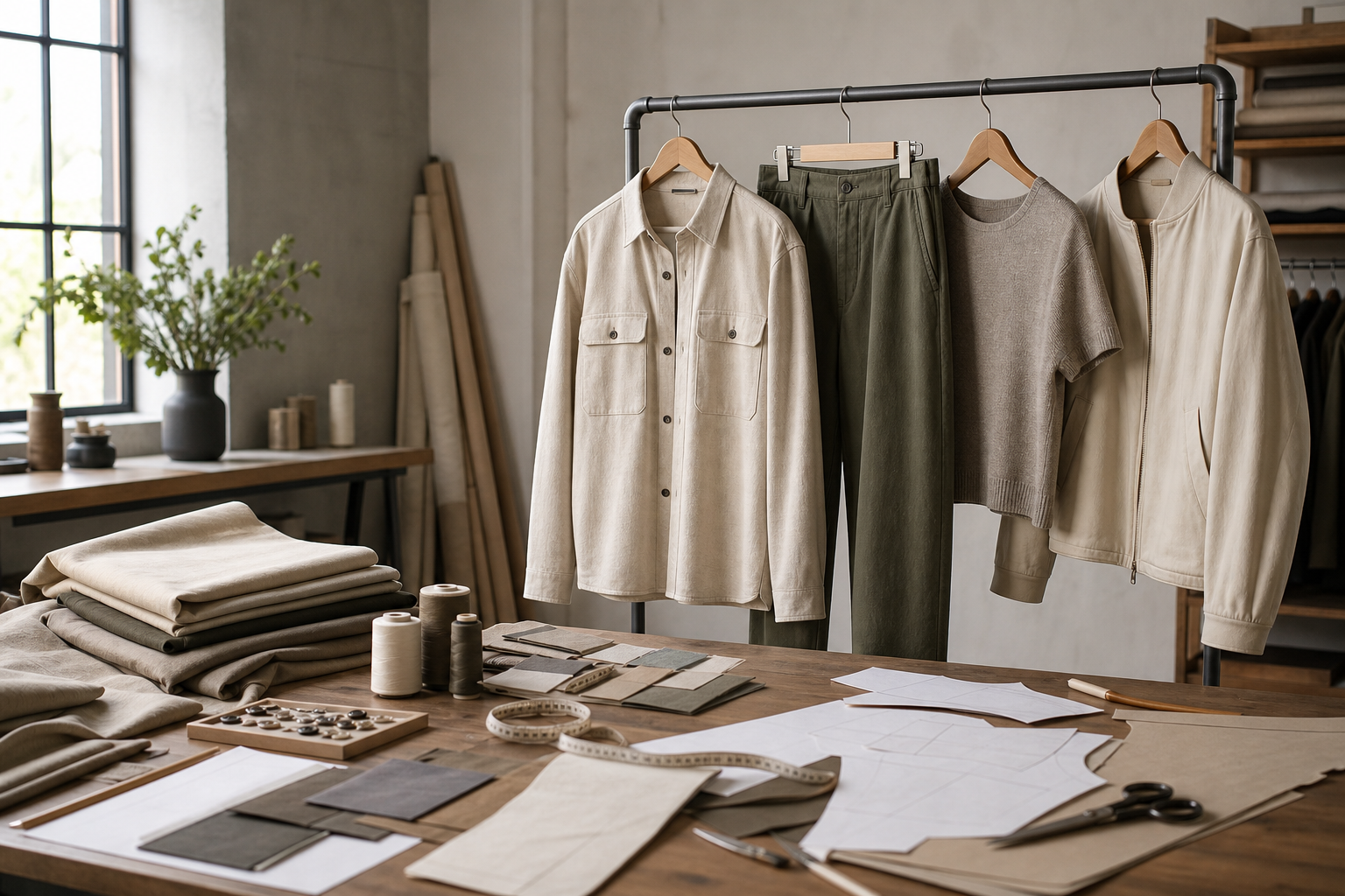 Coordinated unbranded capsule clothing collection with fabric swatches and pattern pieces in an apparel development studio.