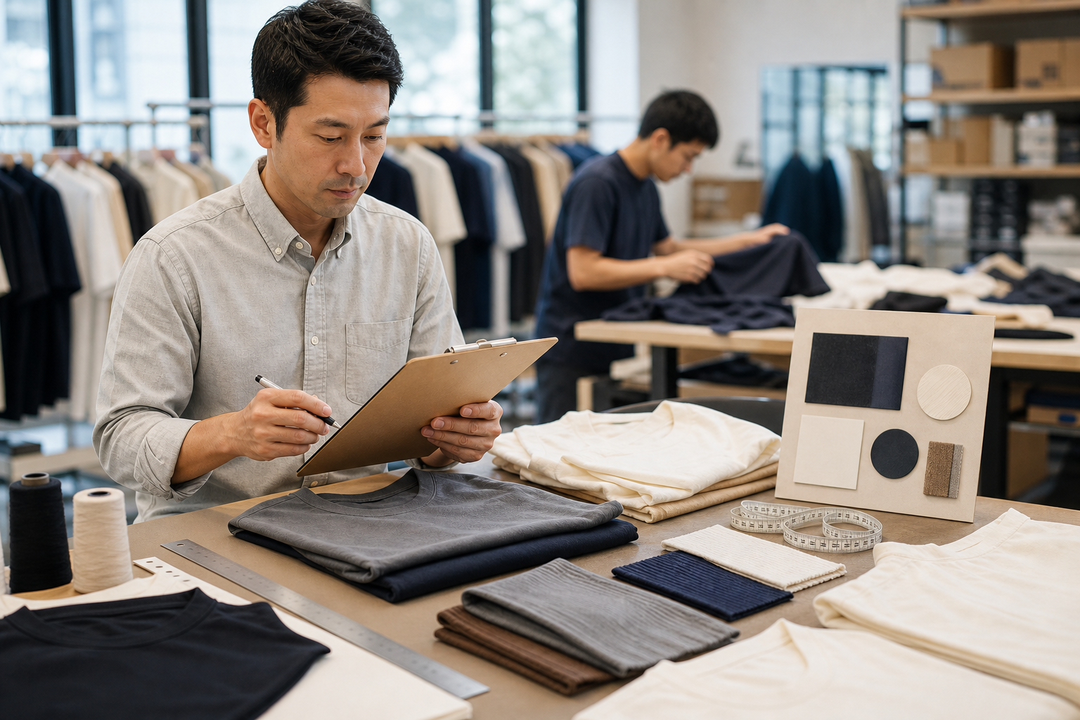 Apparel buyer reviewing unbranded garment samples and material swatches during a clothing manufacturer audit.