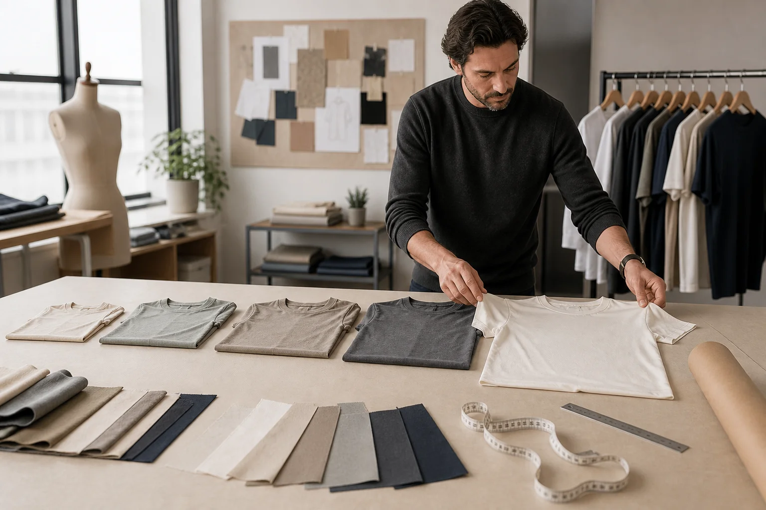 Apparel product developer arranging unbranded T-shirt size-set samples for clothing size range planning.