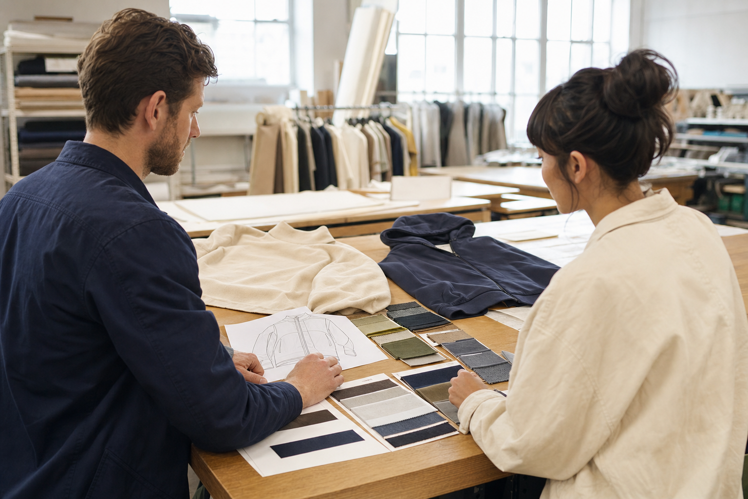 Fashion sourcing team reviewing unbranded garment samples, fabric swatches, and trims for CMT and FOB production.