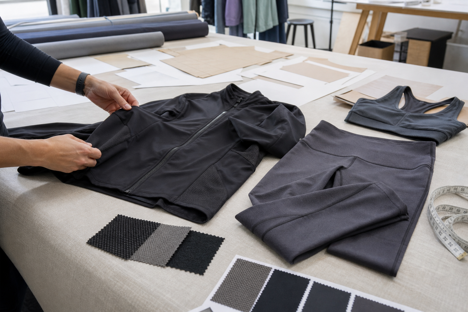 Garment developer reviewing unbranded custom activewear samples and performance fabrics.