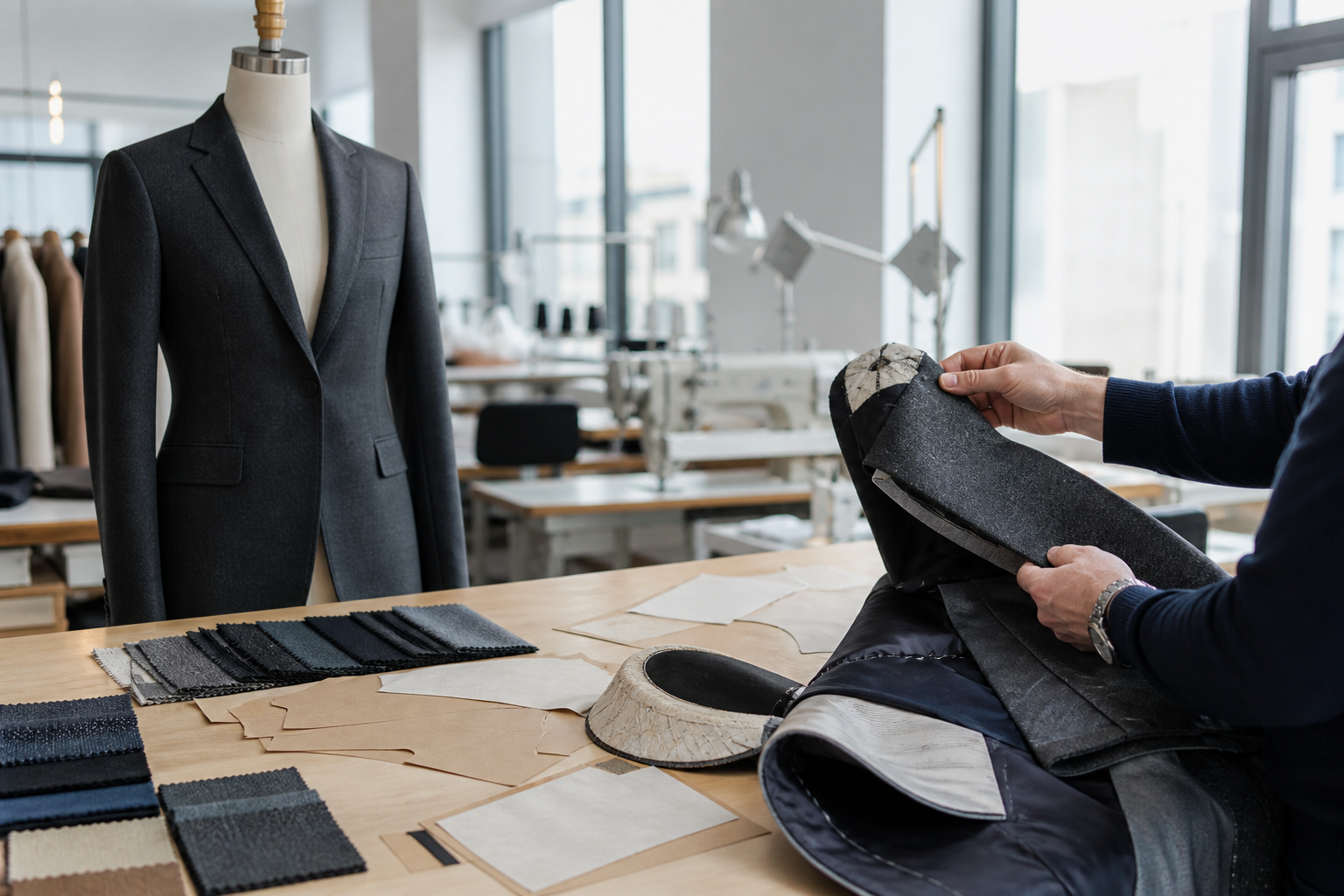 Garment developer reviewing an unbranded custom blazer sample, lining, and suiting fabric swatches in a workshop.
