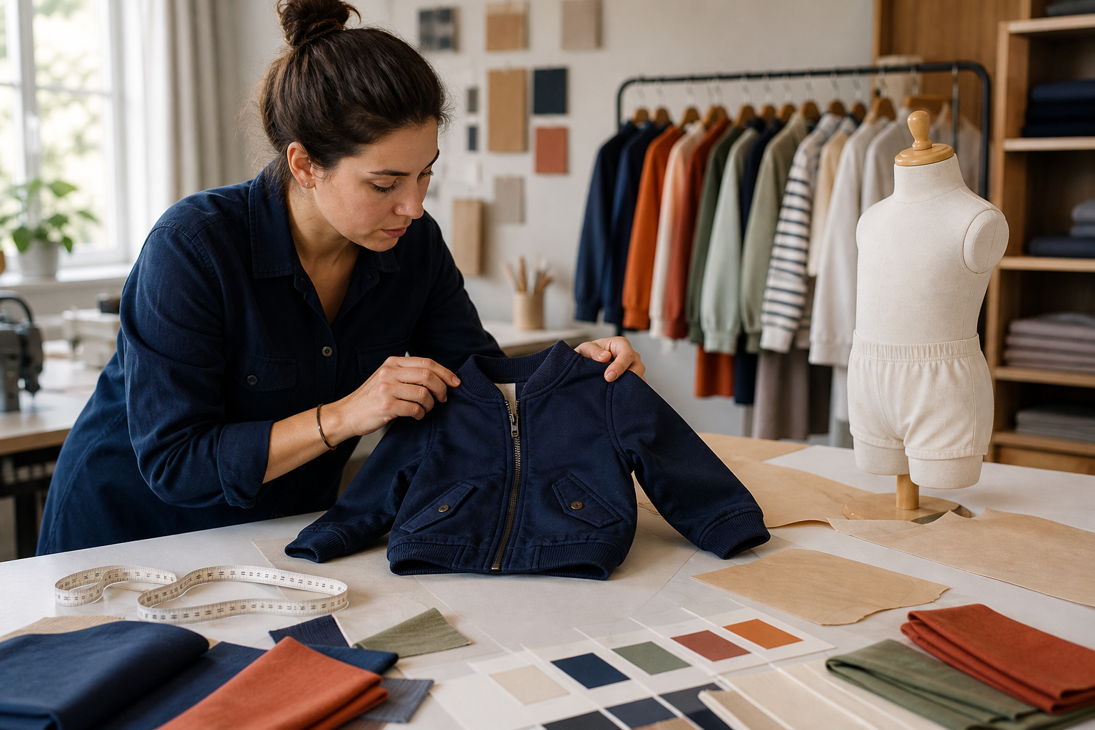 Apparel developer reviewing an unbranded children's jacket sample and fabric swatches in a garment studio.