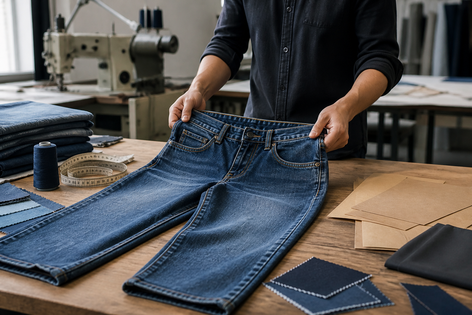 Apparel developer reviewing an unbranded custom denim jeans sample in a garment workshop.