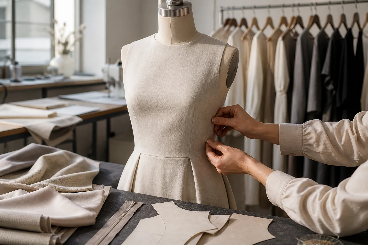 Apparel developer inspecting an unbranded custom dress sample, lining, and fabric swatches in a workshop.