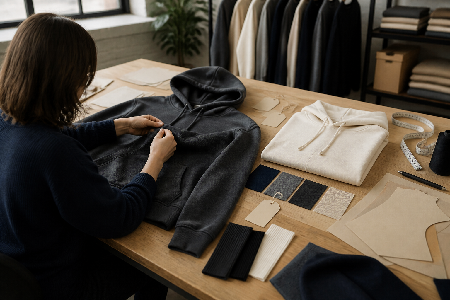 Garment developer reviewing unbranded custom hoodie samples, fabric swatches, and pattern pieces.