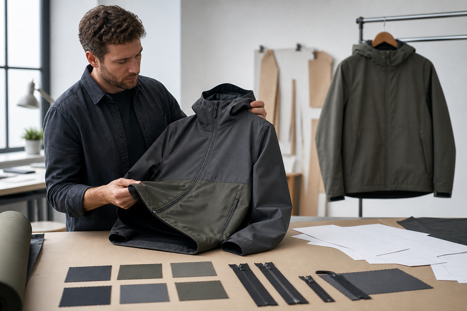 Apparel developer reviewing an unbranded custom jacket sample with fabric swatches and zipper components.