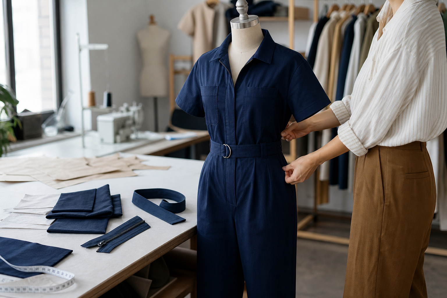 Apparel developer fitting an unbranded navy jumpsuit sample with fabric swatches and closure components in a studio.