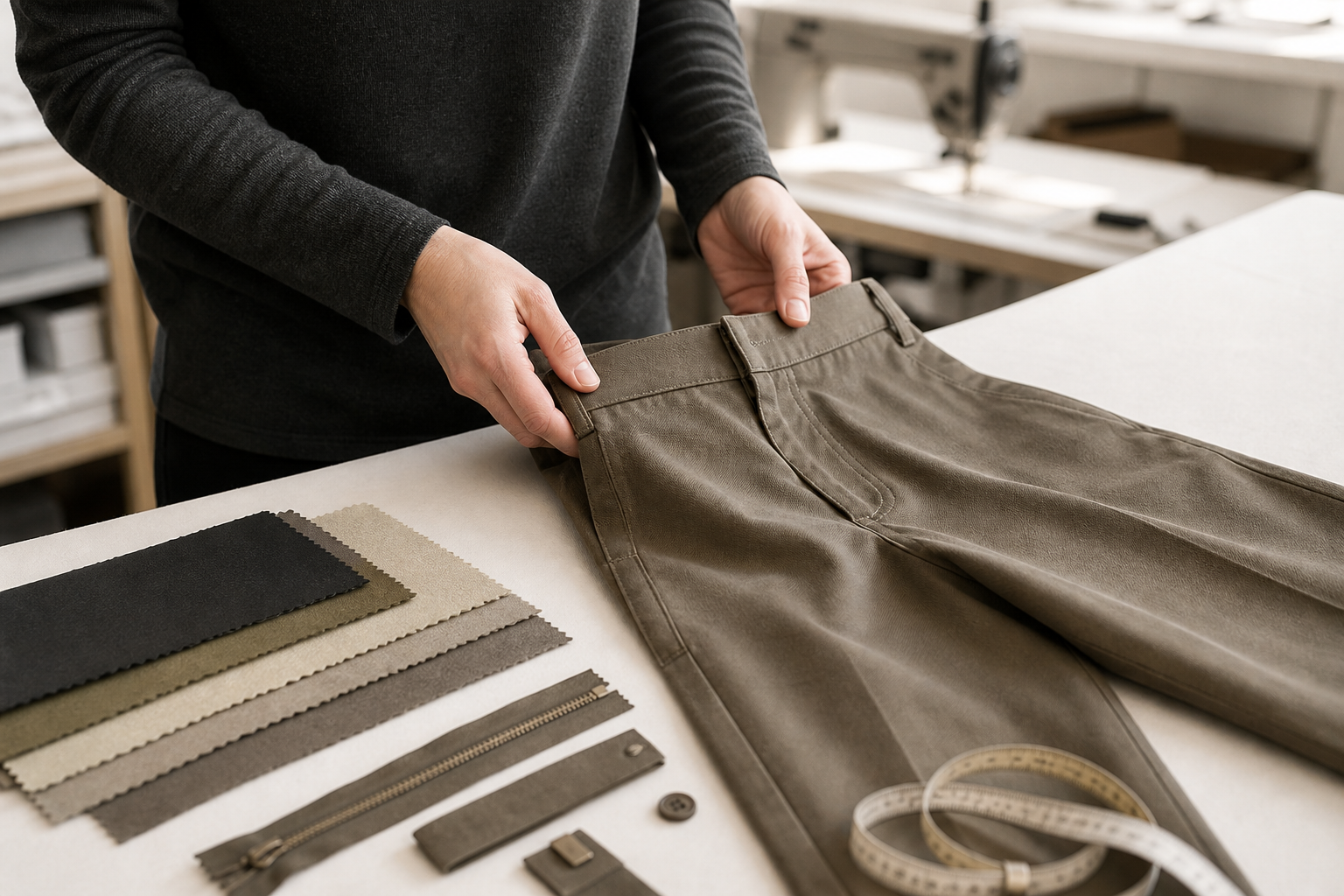 Apparel product developer reviewing unbranded custom pants with fabric swatches and trim components.