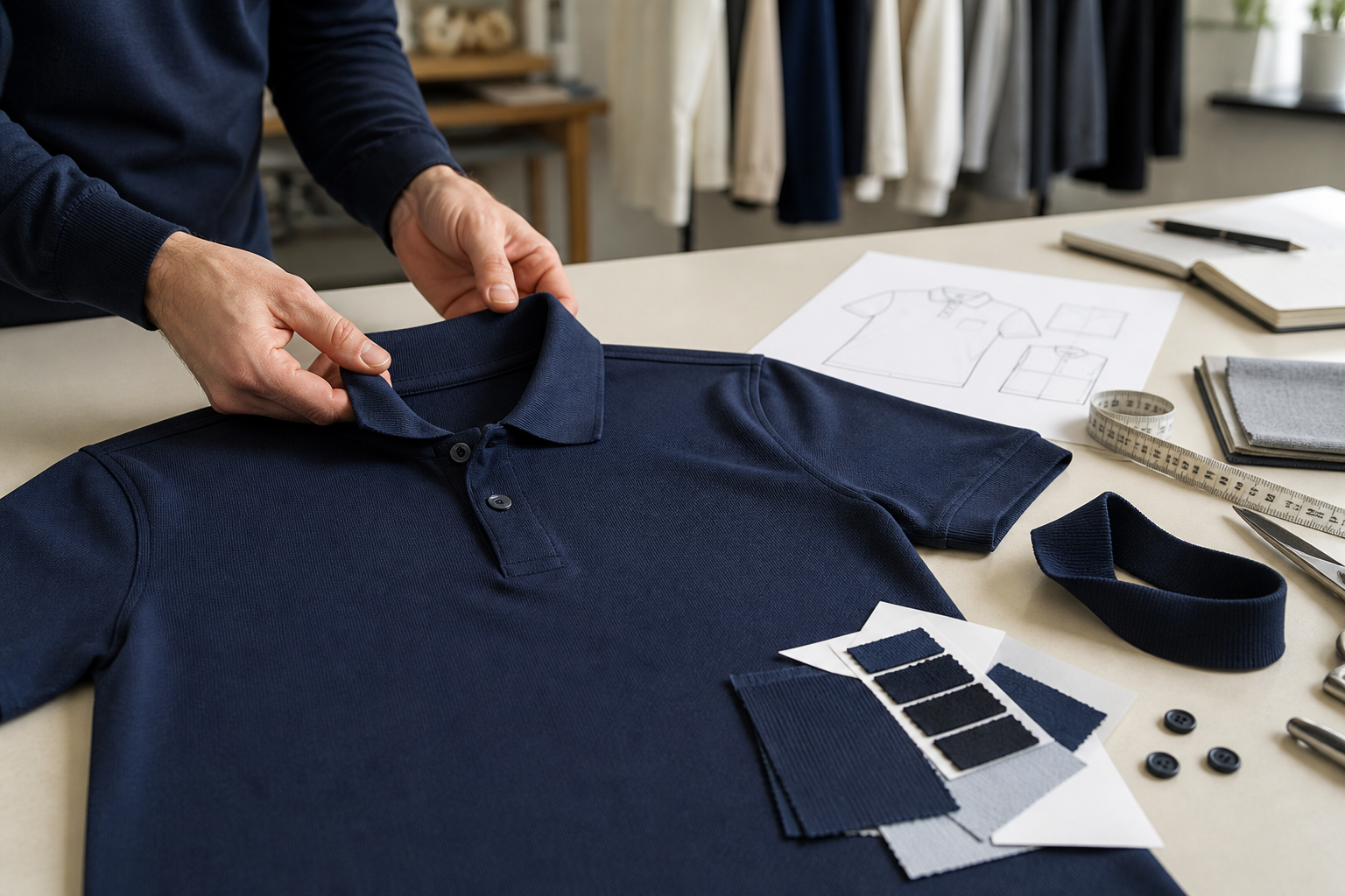 Apparel developer inspecting an unbranded navy custom polo shirt sample, rib collar, and fabric swatches in a workshop.