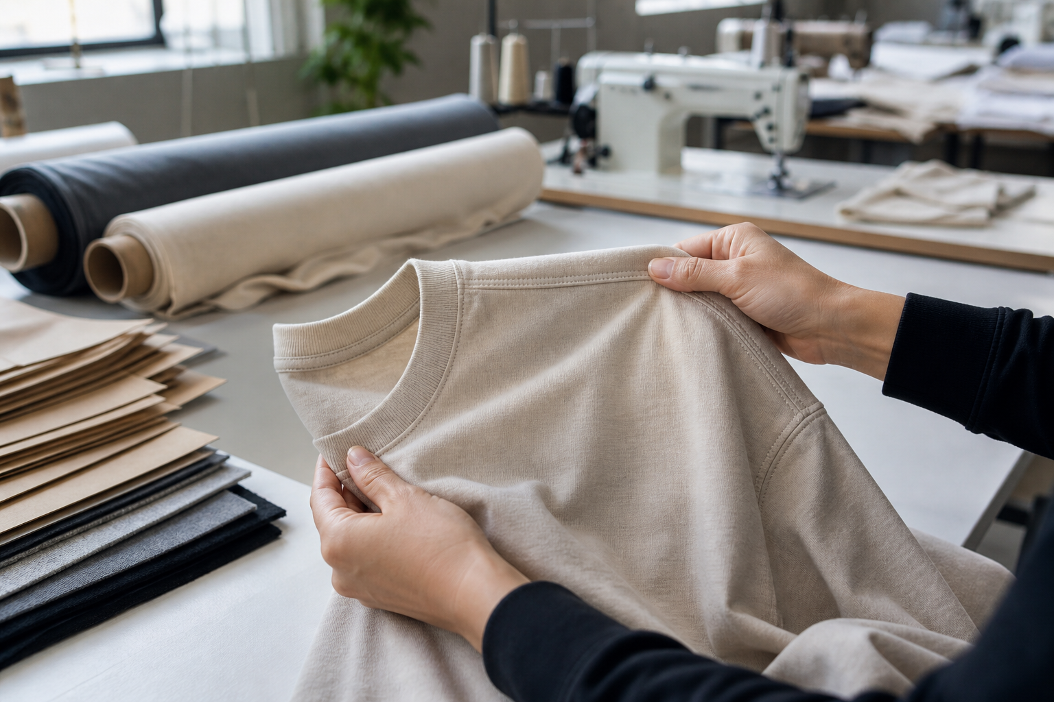 Apparel developer inspecting an unbranded custom T-shirt sample in a garment workshop.