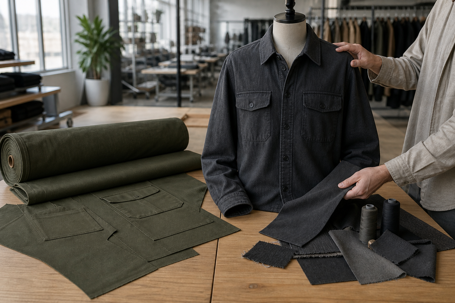 Piece-dyed fabric panels and a garment-dyed charcoal overshirt reviewed in an apparel product development studio.